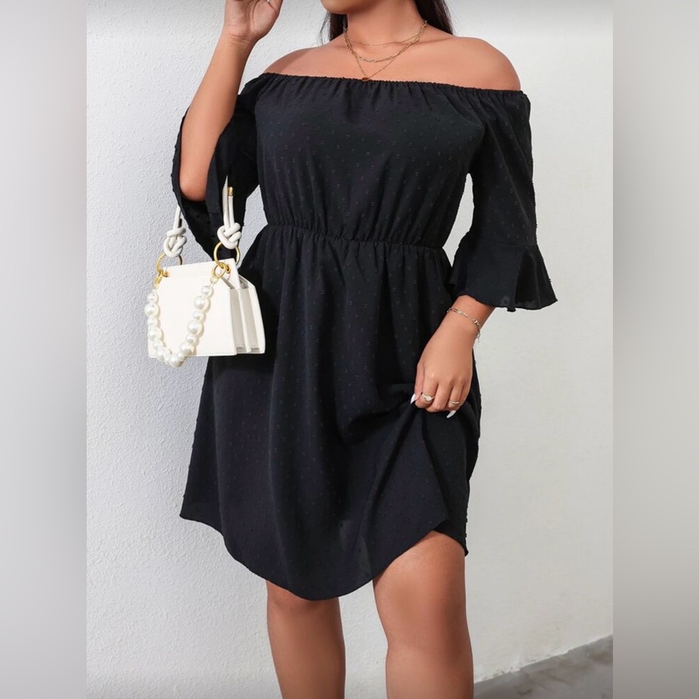 Shein Curve 3X Plus Swiss Dot Off Shoulder Flounce Sleeve Dress